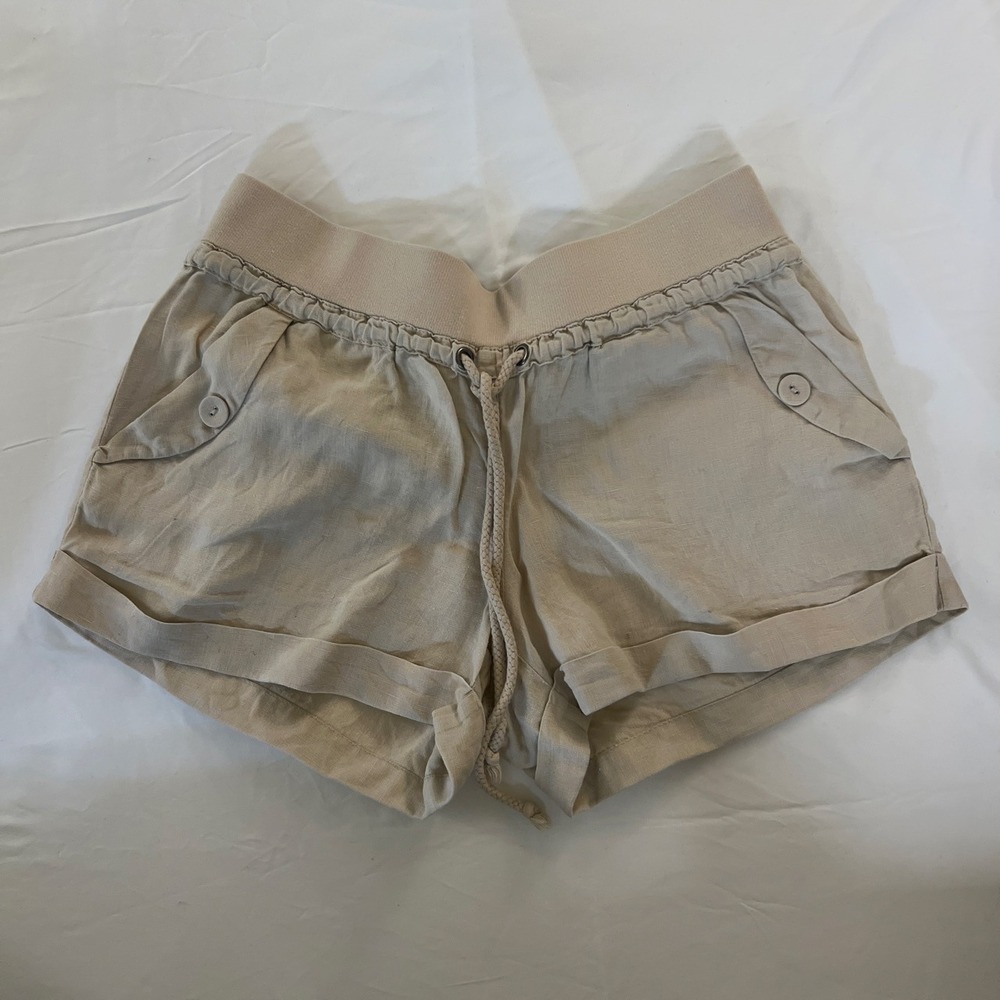 London Jean Tan Beige Linen Blend Drawstring Cuffed Shorts Womens Small